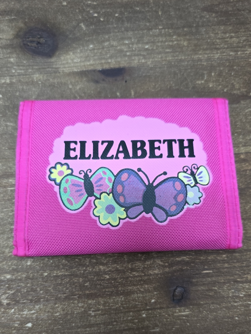 Personalized Kids Velcro Wallet - Pink Butterfly Design (Elizabeth)